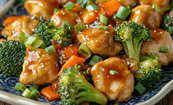 Chicken Teriyaki with Broccoli and Carrots on a blue plate